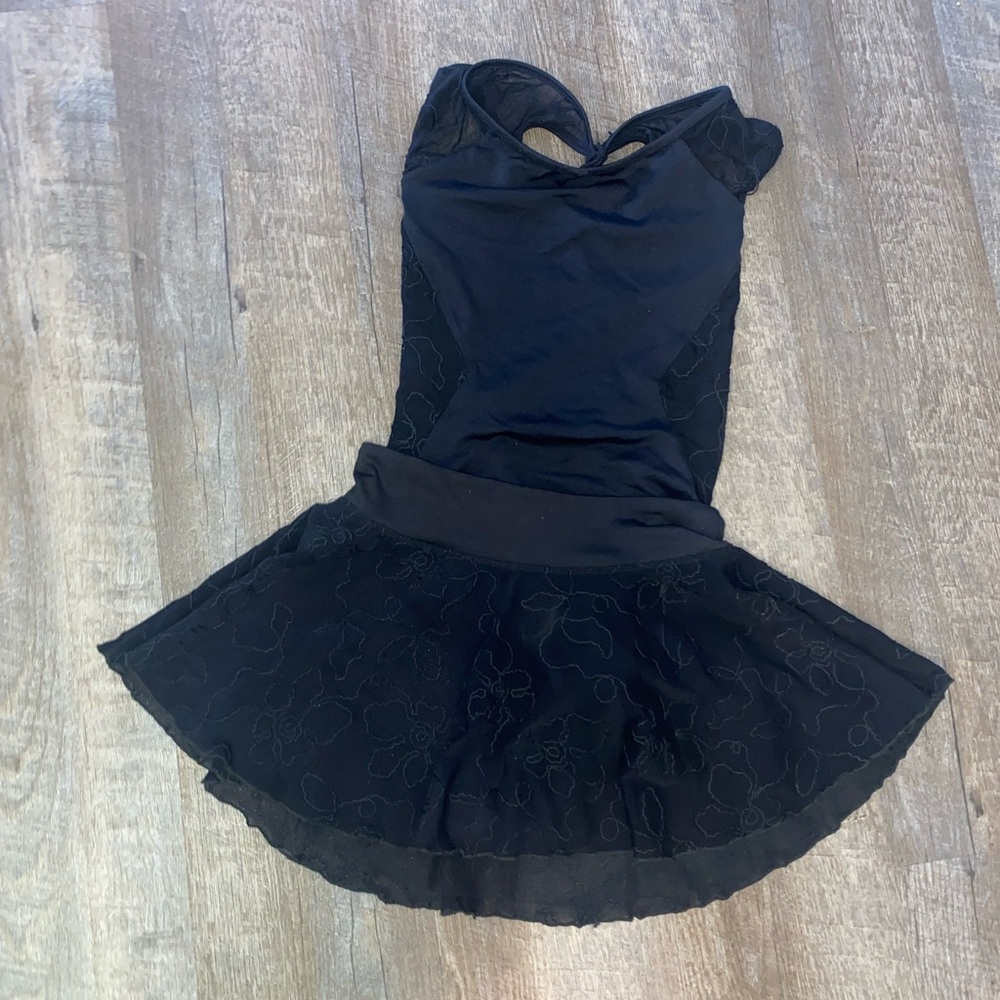 Mirella leotard cap sleeves open back matching pull on skirt (read description)